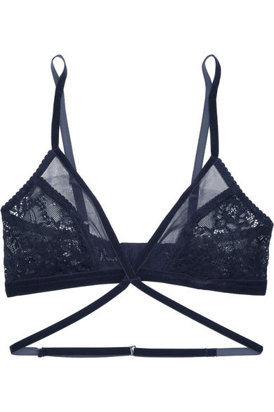 LONELY Winona velvet-trimmed lace and tulle soft-cup bra