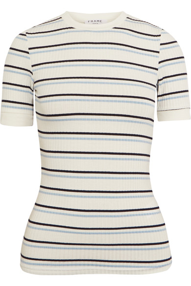 FRAME - STRIPED RIBBED STRETCH-JERSEY T-SHIRT - WHITE