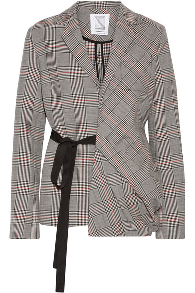 ROSIE ASSOULIN - SWAGGY GROSGRAIN-TRIMMED PLAID WOOL JACKET - LIGHT GRAY