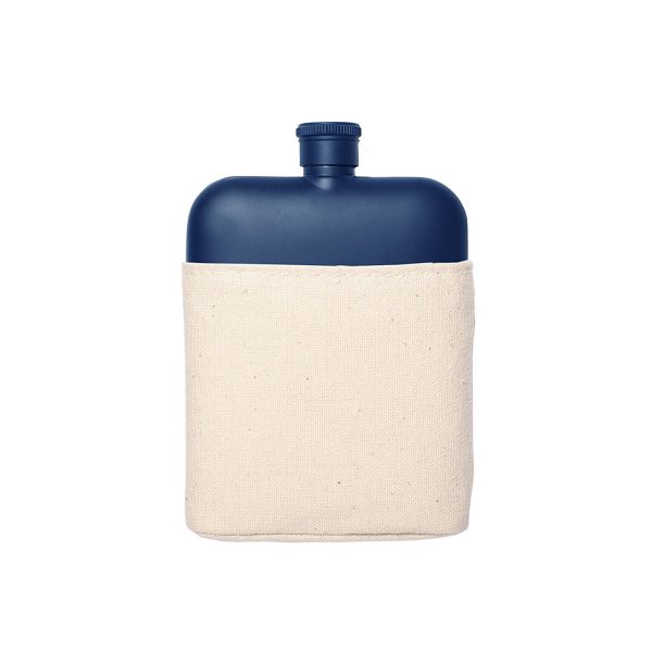 IZOLA 6 OZ STAINLESS STEEL RECTANGLE FLASK - MATTE NAVY BLUE WITH CANVAS CARRIER