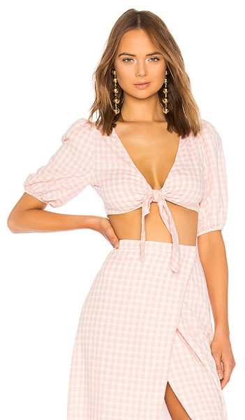 LPA TIE FRONT TOP WITH PUFF SLEEVES IN BABY PINK