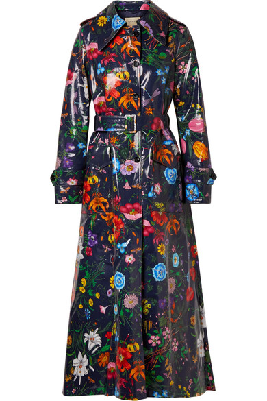 OVERSIZED FLORAL-PRINT COATED-COTTON DRILL TRENCH COAT