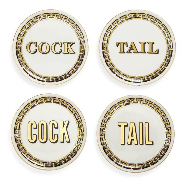 JONATHAN ADLER COCK/TAIL GOLD AND WHITE COASTERS | MODERN
